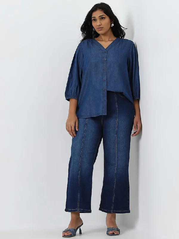 Gia Blue Washed Denim Straight - Fit High - Rise Jeans