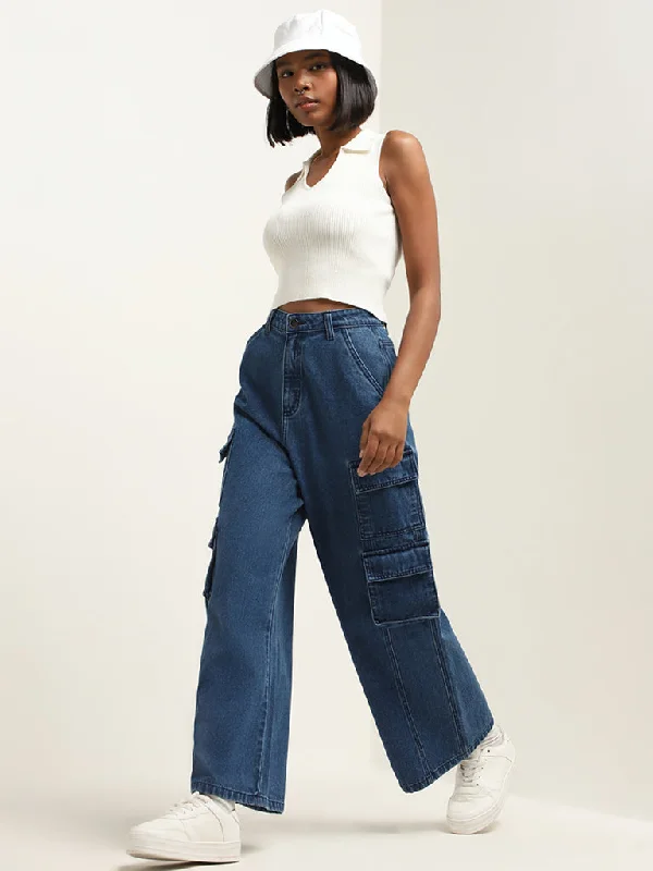 Nuon Dark Blue Cargo-Style Relaxed - Fit Mid - Rise Jeans