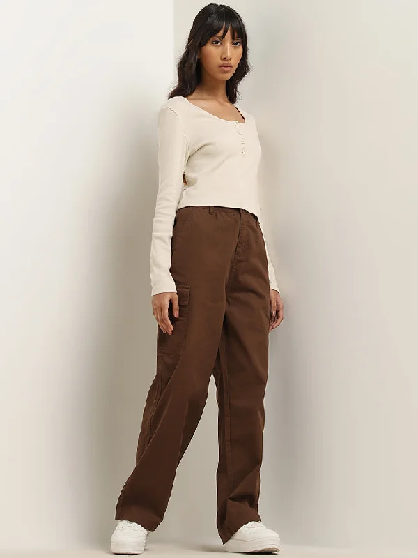 Nuon Dark Brown Cargo-Style High - Rise Relaxed - Fit Jeans