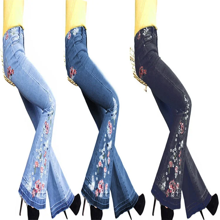 Women Denim Jeans Wide Leg Embroidered Full Length Jean ladies Plus Size Pants