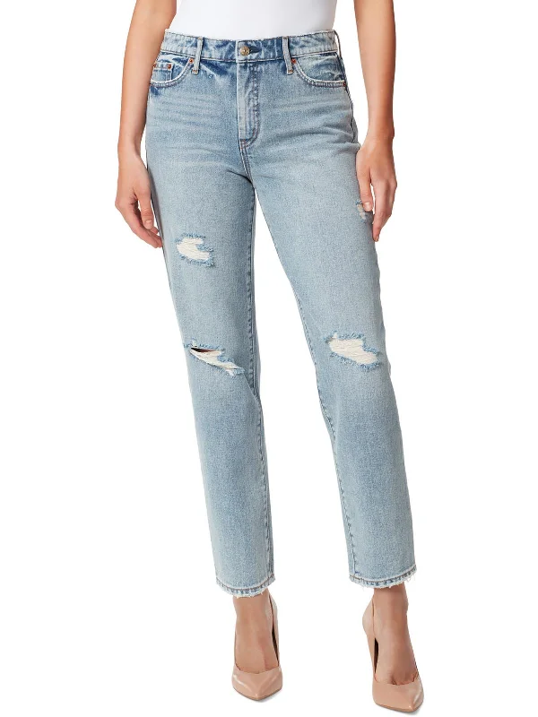 Womens High Rise Distressed Straight Leg Jeans