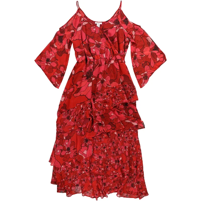 bar III Womens Floral Print Cold Shoulder Tiered Dress, Red, X-Large