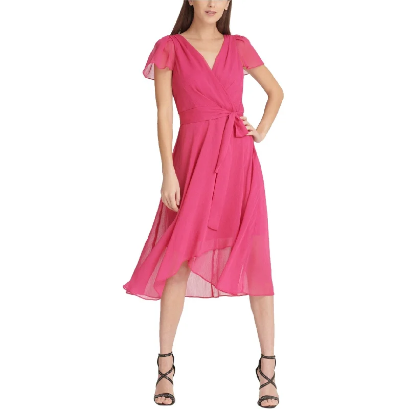 DKNY Womens Belted Surplice Dress, Pink, 8