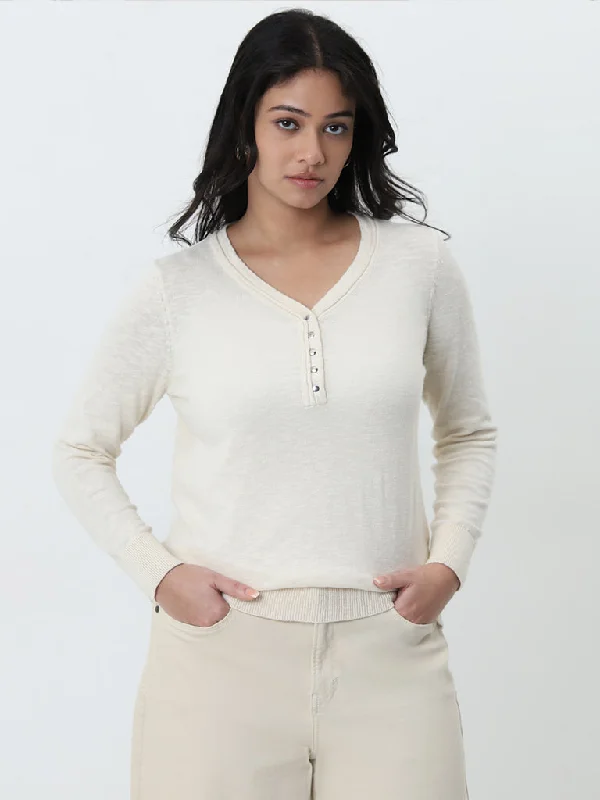 Gia Beige Solid Knitted Cotton T-Shirt