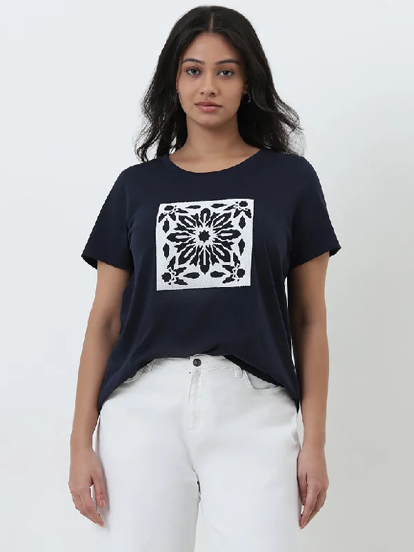 Gia Navy Printed Cotton T-Shirt