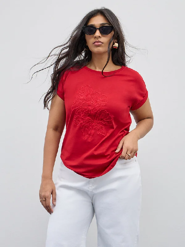 Gia Red Floral Embroidered Cotton T-Shirt