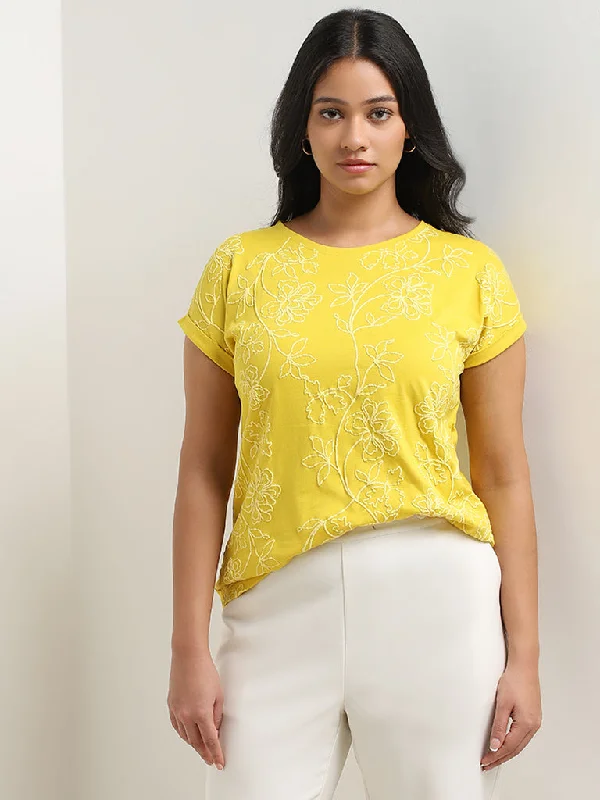 Gia Yellow Floral Embroidered Cotton T-Shirt