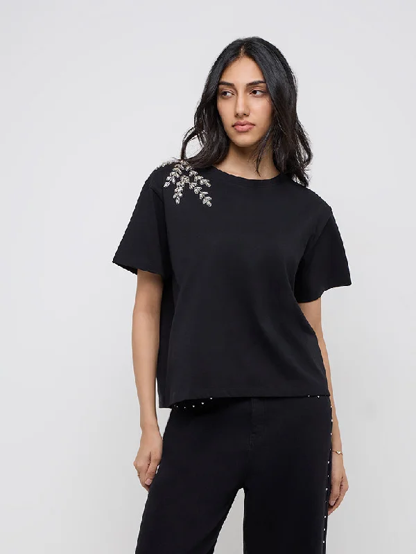 LOV Black Diamante Embellished Cotton T-Shirt