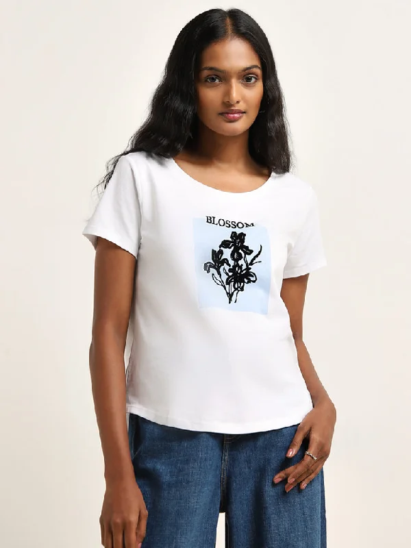 LOV White Floral Printed Cotton T-Shirt