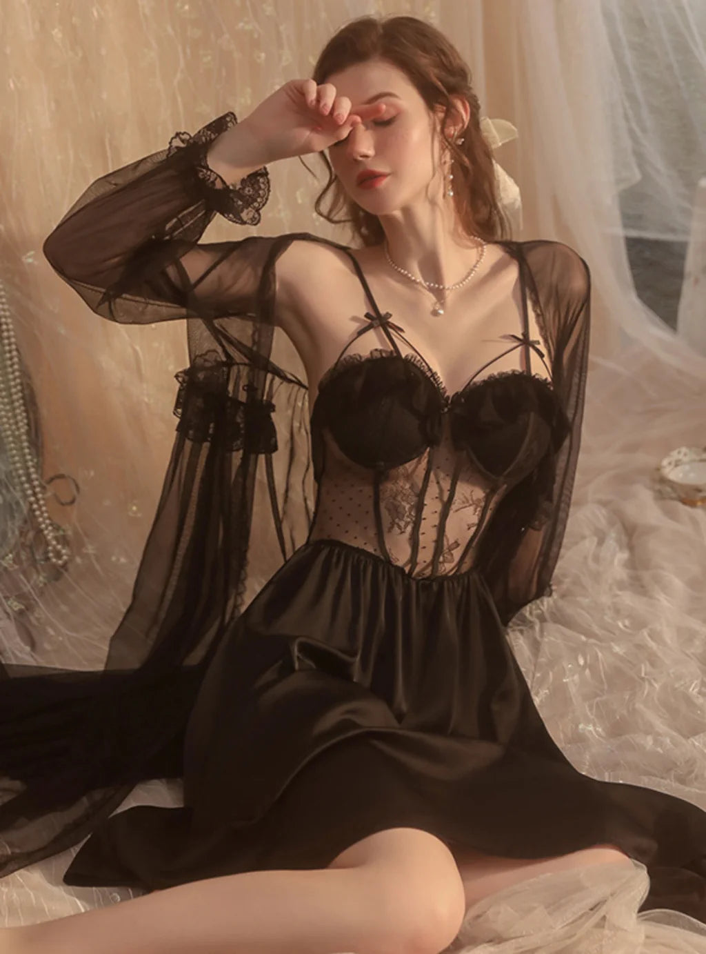 SEXY DEEP V HOLLOW STEEL RING NIGHTDRESS SUIT