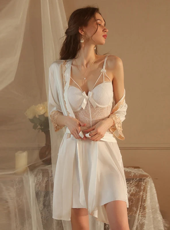 SEXY RING GATHERED LACE HALTER NIGHTDRESS