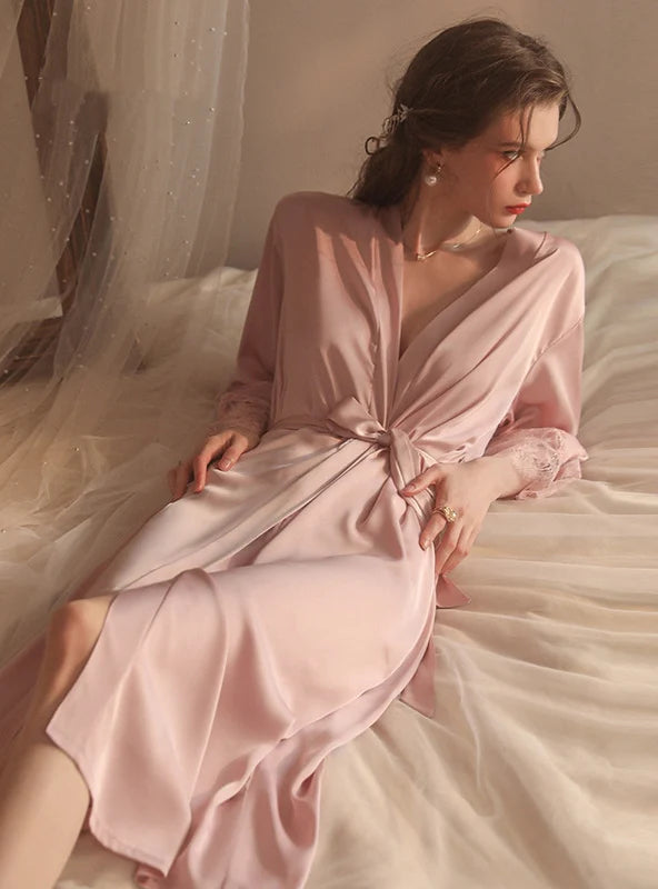 SEXY SATIN LACE LONG ROBE SEXY PAJAMAS