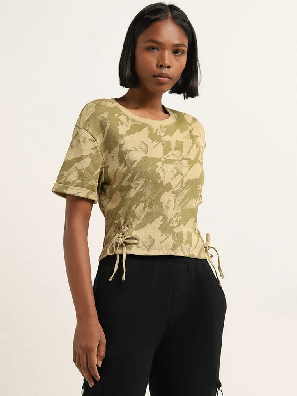 Studiofit Light Olive Abstract Cotton Blend T-Shirt