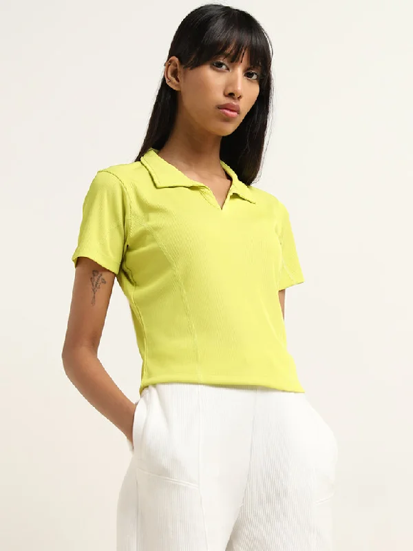 Studiofit Lime Ribbed Collared T-Shirt