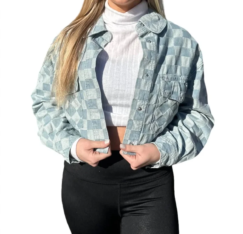 Checkerboard Print Cropped Denim Jacket