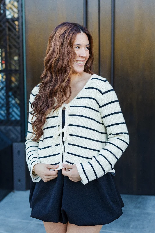 The Tied and True White and Black Striped Cardigan