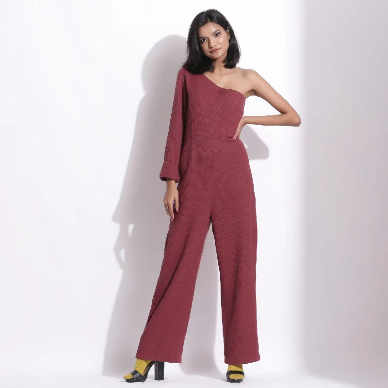 Barn Red Warm Cotton Waffle Ankle Length One-Shoulder Jumpsuit