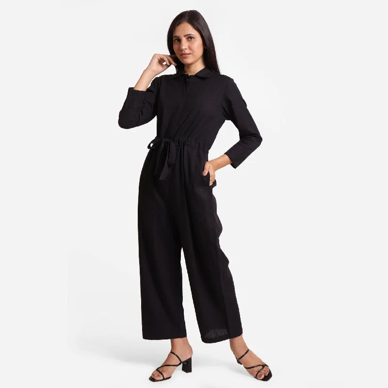 Black Flat Collar Cotton Flax Elasticated Wide Legged Overall