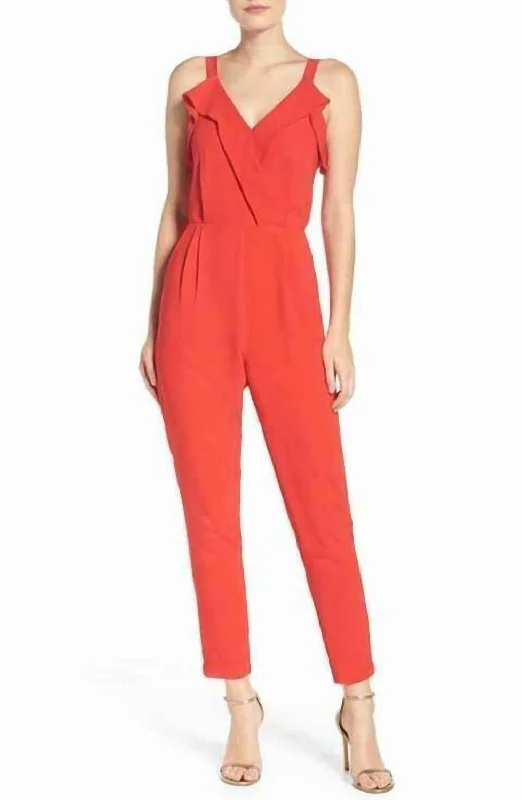 Crepe V Neck Ruffle Accent Jumpsuit In Red