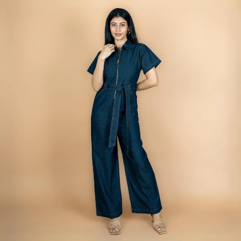 Indigo Cotton Denim Front Zipper Safari Jumpsuit