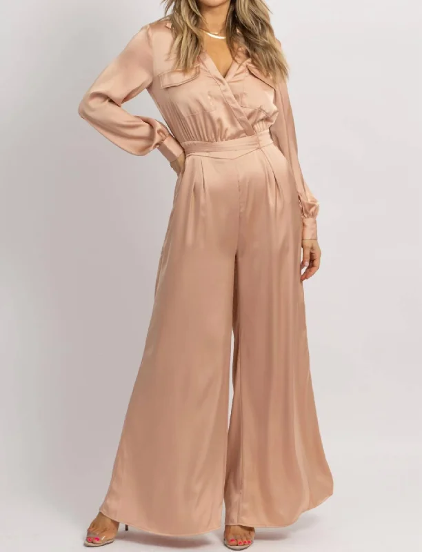 Satin Longsleeve Wide Leg Jumpsuit In Nude