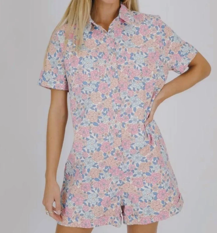 Shorter Days Denim Romper In Pink