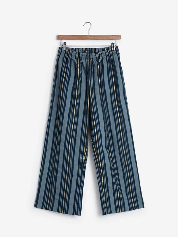 Utsa Indigo Striped Cropped Palazzos