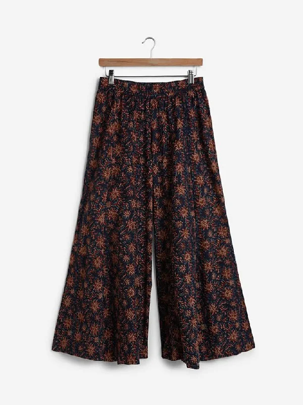 Utsa Rust Floral Print Flared Palazzos